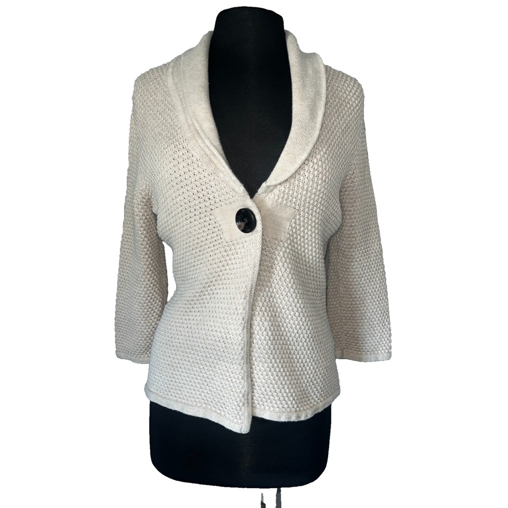 Liz Claiborne One Button Textured Cardigan Sweater 3/4 Sleeve Women's Med Beige